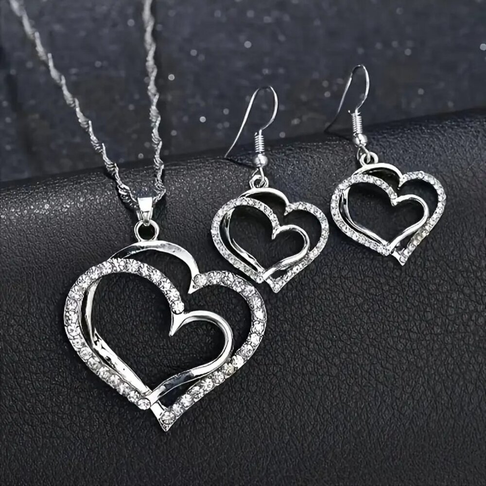 Double‎ Silver Tone Heart 3Pc Pendant Necklace & Earring Set